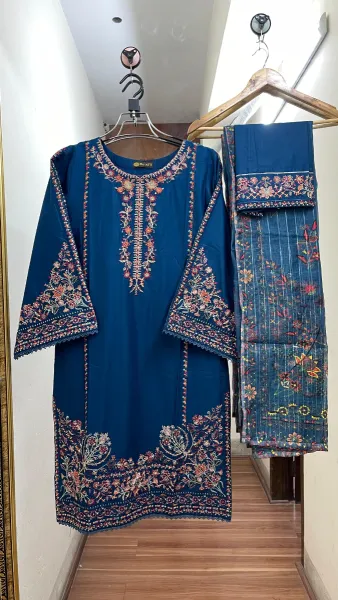 Pakistani Original Hayat Stitched Cotton 3Pcs _ Deep Sea Blue 